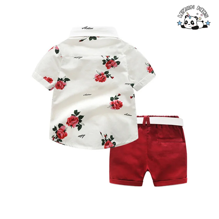 LEZONKIDS - Boy Clothes Flower Tie Shirt + Shorts 2PCS Gentleman Suit Summer Boy Costume Suit Fashion Boy Costume Suit